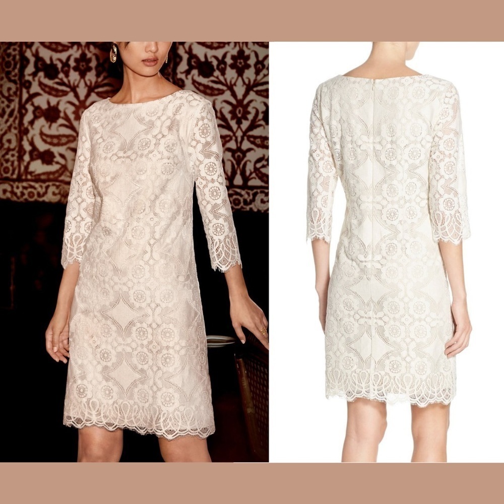Eliza J Floral Lace Ivory Cream Quarter Sleeves Mini Shift Cocktail Dress Small
